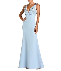 Mac Duggal V-Neck Beaded Bodice Crepe Aline Gown