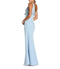 Mac Duggal V-Neck Beaded Bodice Crepe Aline Gown