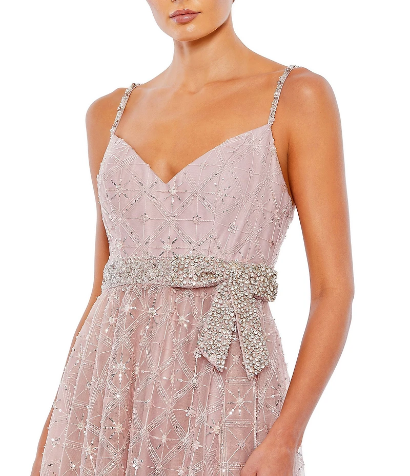 Mac Duggal V-Neck Beaded Bow Waist Embellished Mesh A-Line Gown