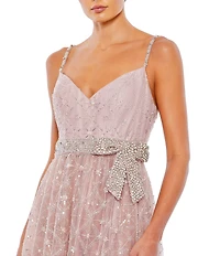 Mac Duggal V-Neck Beaded Bow Waist Embellished Mesh A-Line Gown
