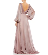Mac Duggal V-Neck Beaded Cuff Open Long Sleeve Chiffon A-Line Plunge Back Detail Gown