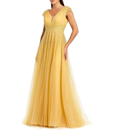 Mac Duggal V-Neck Beaded Embellished Tulle Cap Sleeve Gown