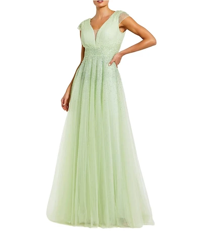 Mac Duggal V-Neck Beaded Embellished Tulle Cap Sleeve Gown