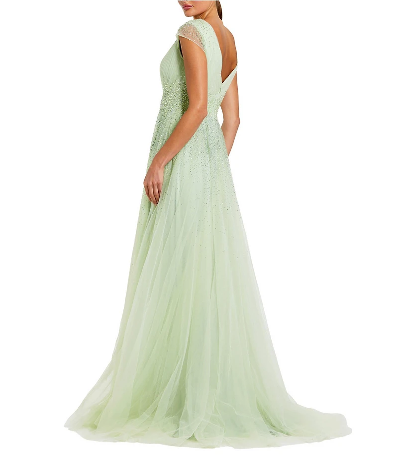 Mac Duggal V-Neck Beaded Embellished Tulle Cap Sleeve Gown