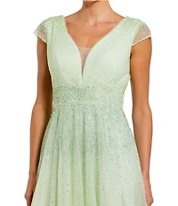 Mac Duggal V-Neck Beaded Embellished Tulle Cap Sleeve Gown