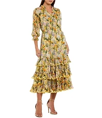 Mac Duggal V Neck Bishop Sleeve Ruffle Midi Dress