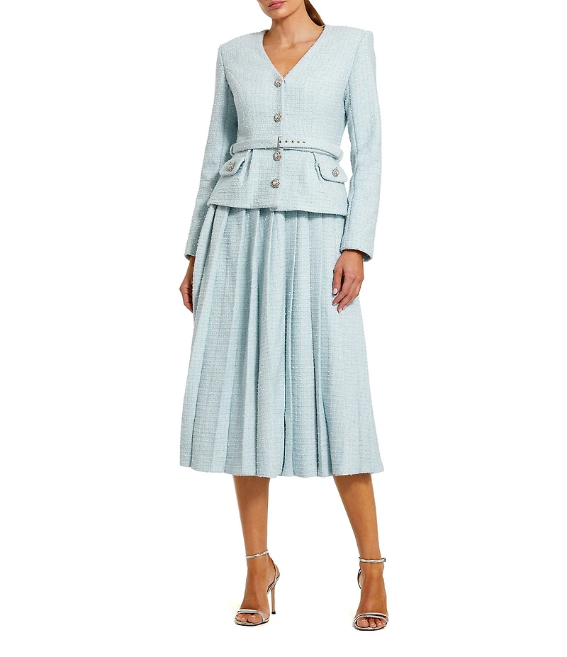 Mac Duggal V Neck Boucle Long Sleeve Button Midi Dress