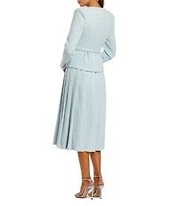 Mac Duggal V Neck Boucle Long Sleeve Button Midi Dress