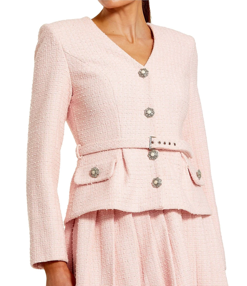 Mac Duggal V-Neck Boucle Long Sleeve Pleated Belted Button Mini Dress