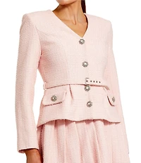 Mac Duggal V-Neck Boucle Long Sleeve Pleated Belted Button Mini Dress