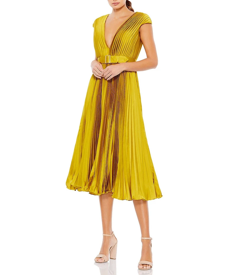 Mac Duggal V-Neck Cap Sleeve Pleated Satin Belted A-Line Midi Dress