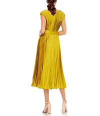 Mac Duggal V-Neck Cap Sleeve Pleated Satin Belted A-Line Midi Dress