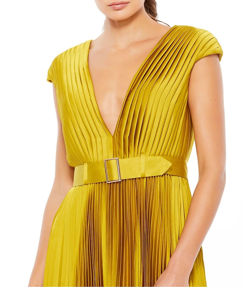 Mac Duggal V-Neck Cap Sleeve Pleated Satin Belted A-Line Midi Dress