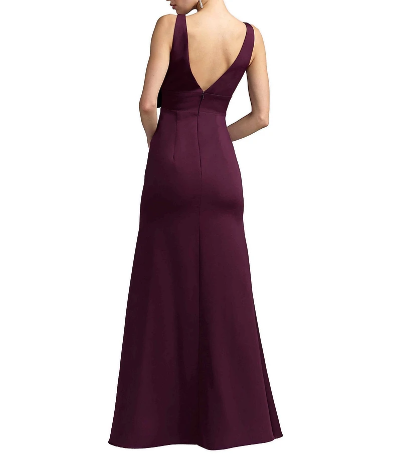 Mac Duggal Crepe V-Neck Sleeveless Front Bow Column Gown