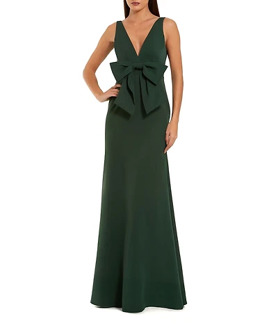 Mac Duggal V Neck Crepe Column Gown With Bow