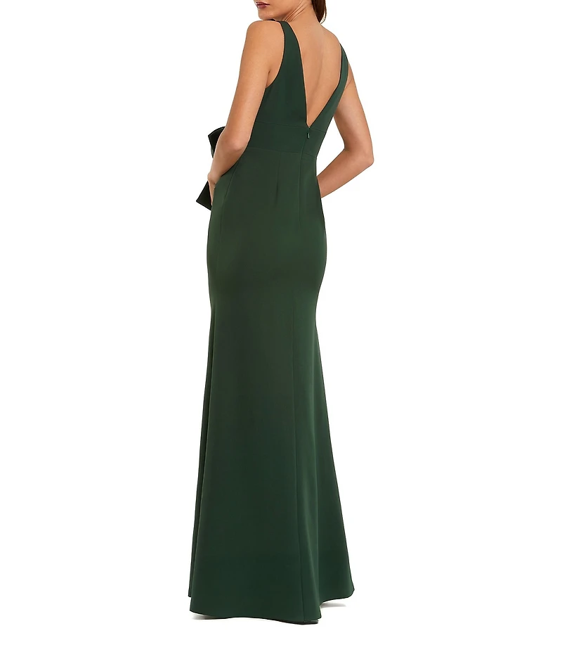 Mac Duggal V Neck Crepe Column Gown With Bow