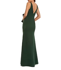 Mac Duggal V Neck Crepe Column Gown With Bow