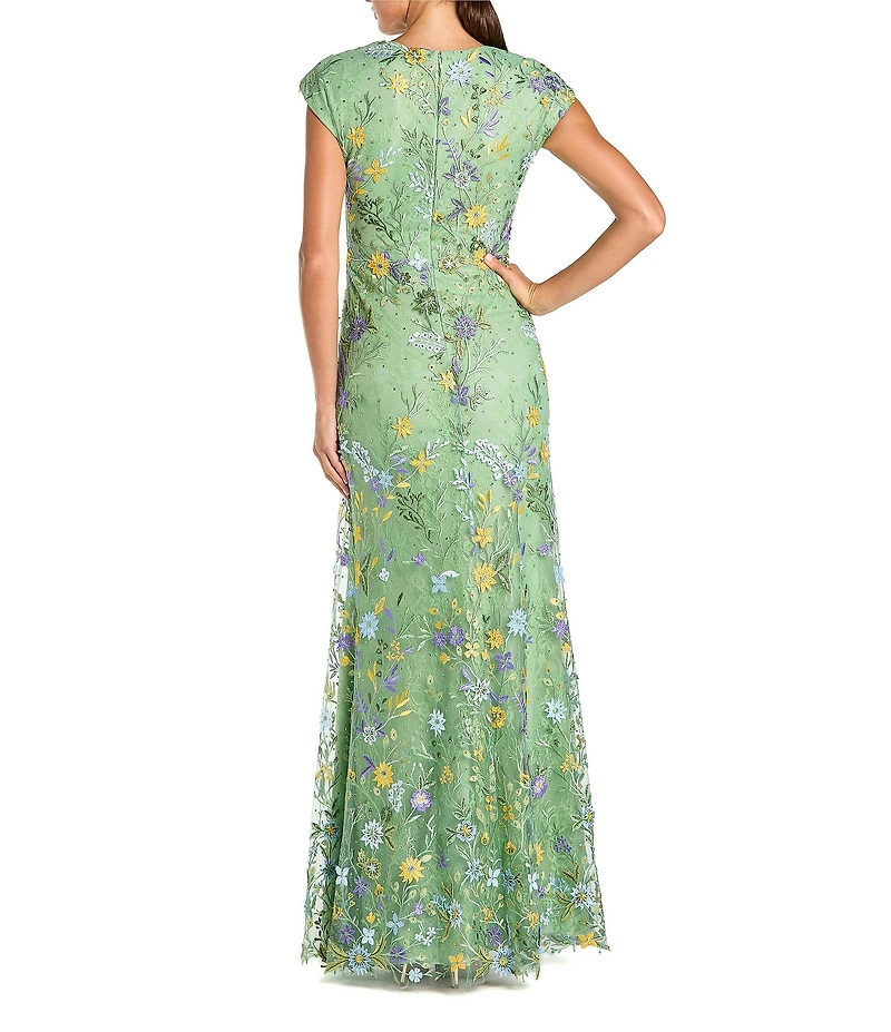 Mac Duggal V Neck Embroidered Mesh A Line Gown