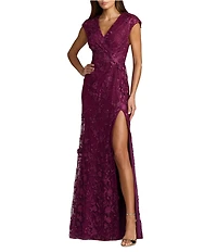 Mac Duggal V Neck Embroidered Mesh A Line Gown