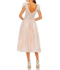 Mac Duggal V-neck Feather Trim Embroidered Mesh Aline Midi Dress