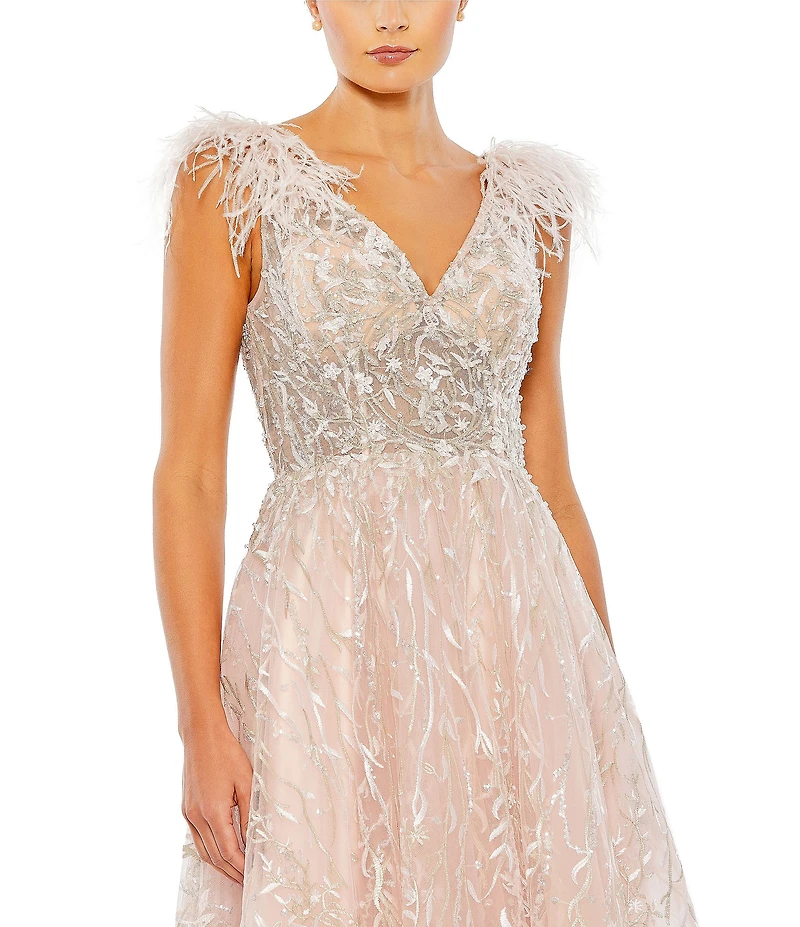 Mac Duggal V-neck Feather Trim Embroidered Mesh Aline Midi Dress