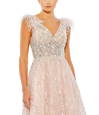 Mac Duggal V-neck Feather Trim Embroidered Mesh Aline Midi Dress