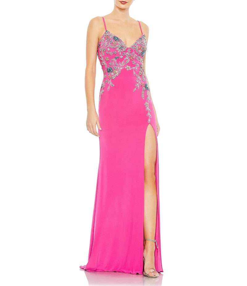 Mac Duggal V-Neck Floral Beaded Jersey Column Gown