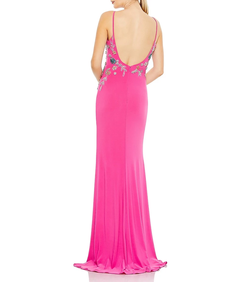 Mac Duggal V-Neck Floral Beaded Jersey Column Gown