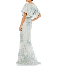 Mac Duggal V-Neck Flutter Sleeve Embroidered Lace Column Gown