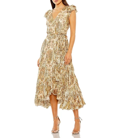 Mac Duggal V-neck Flutter Sleeve Floral Print Chiffon Ruffle Hem Aline Midi Dress