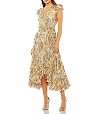 Mac Duggal V-neck Flutter Sleeve Floral Print Chiffon Ruffle Hem Aline Midi Dress