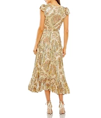 Mac Duggal V-neck Flutter Sleeve Floral Print Chiffon Ruffle Hem Aline Midi Dress