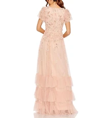Mac Duggal V-Neck Flutter Sleeve Ruffle Tiered Embellished Gown