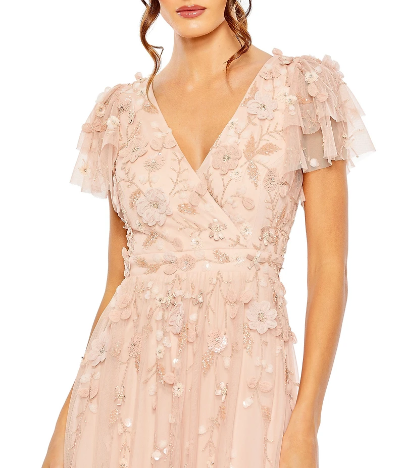 Mac Duggal V-Neck Flutter Sleeve Ruffle Tiered Embellished Gown