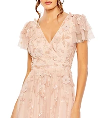 Mac Duggal V-Neck Flutter Sleeve Ruffle Tiered Embellished Gown