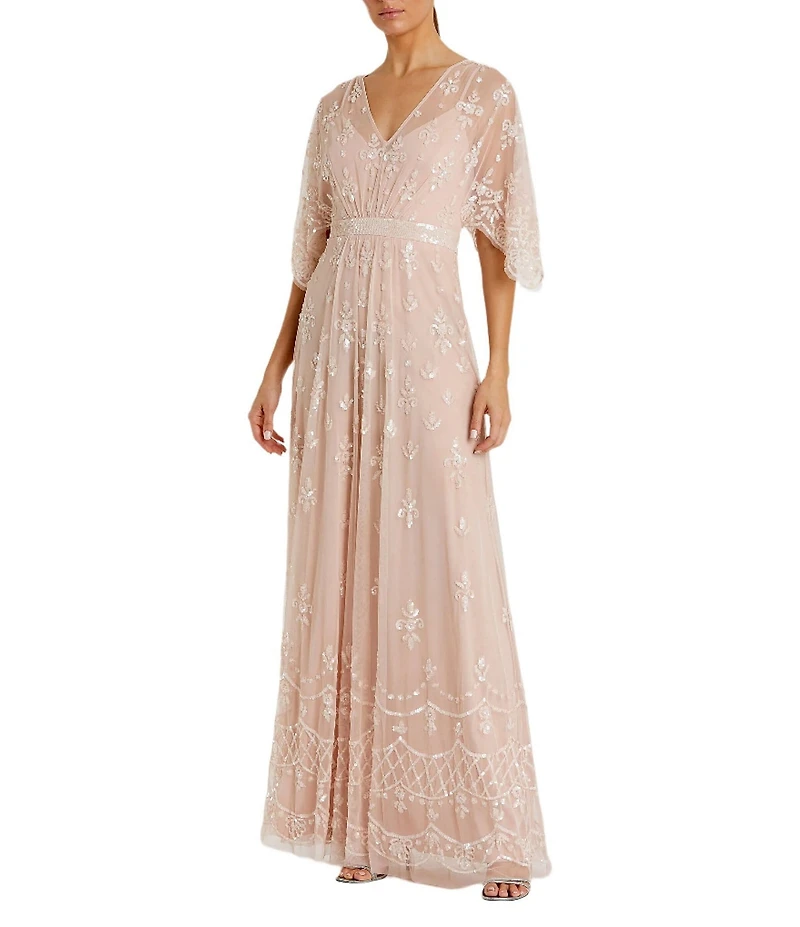 Mac Duggal V-Neck Illusion Flutter Sleeve Embroidered Mesh Sheath Gown