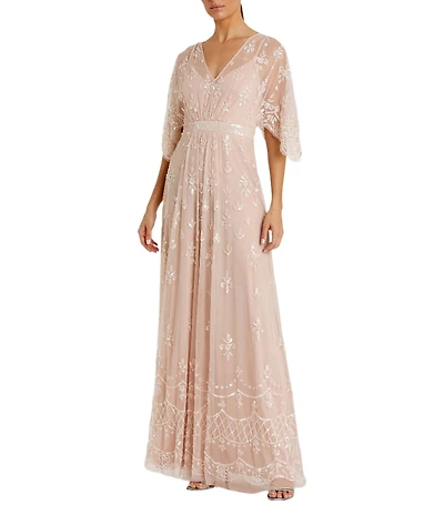 Mac Duggal V-Neck Illusion Flutter Sleeve Embroidered Mesh Sheath Gown