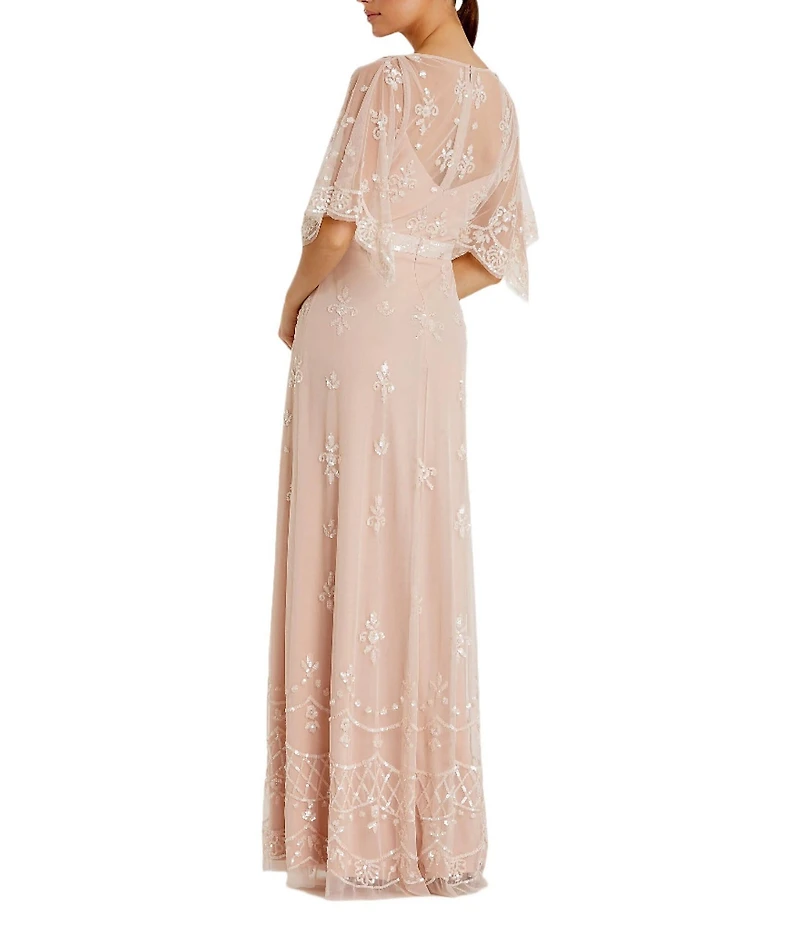 Mac Duggal V-Neck Illusion Flutter Sleeve Embroidered Mesh Sheath Gown