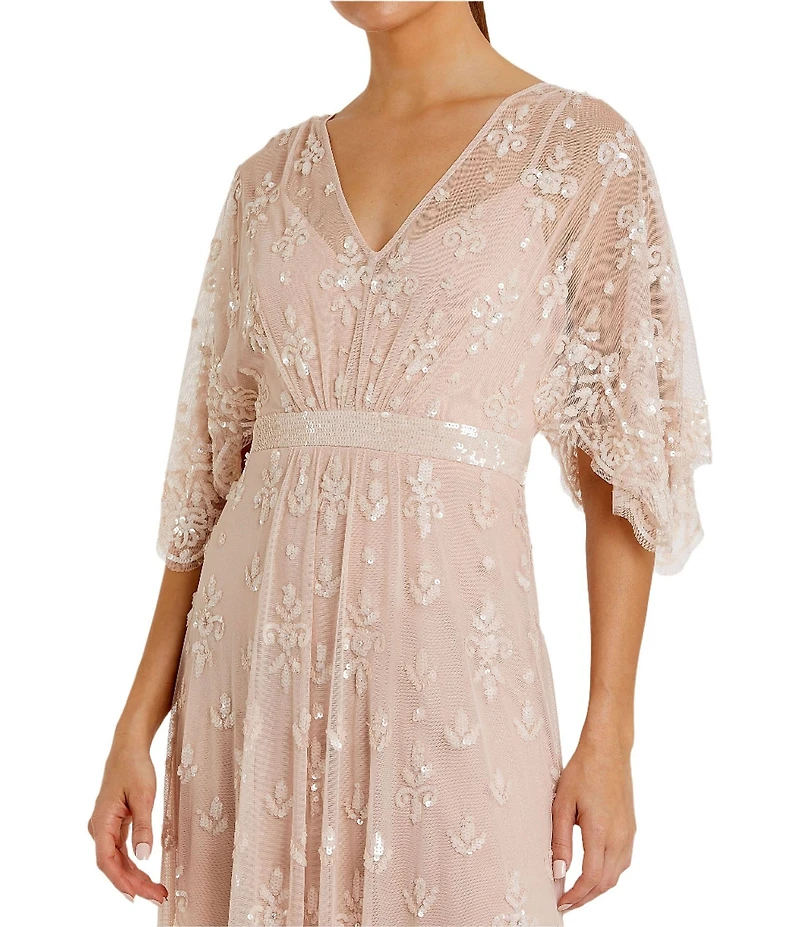 Mac Duggal V-Neck Illusion Flutter Sleeve Embroidered Mesh Sheath Gown