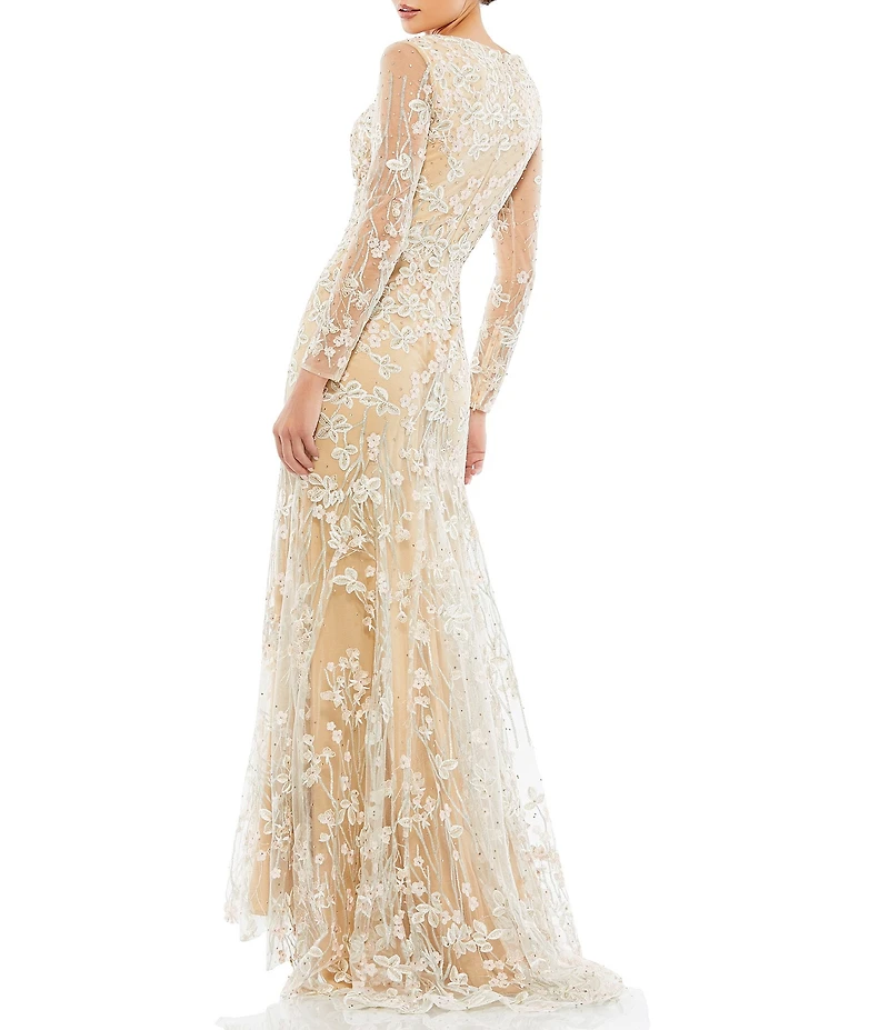 Mac Duggal V-Neck Illusion Long Sleeves Embroidered Mesh Trumpet Gown