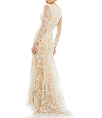 Mac Duggal V-Neck Illusion Long Sleeves Embroidered Mesh Trumpet Gown