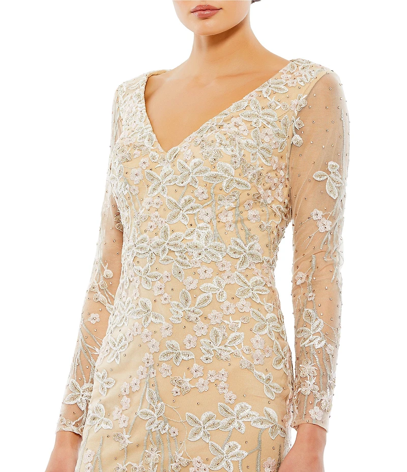 Mac Duggal V-Neck Illusion Long Sleeves Embroidered Mesh Trumpet Gown