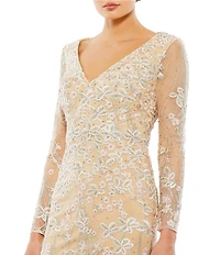Mac Duggal V-Neck Illusion Long Sleeves Embroidered Mesh Trumpet Gown