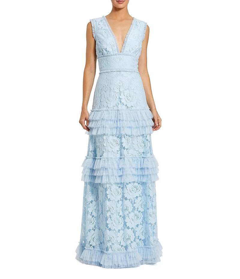 Mac Duggal V Neck Lace Tiered Ruffle Gown