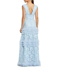 Mac Duggal V Neck Lace Tiered Ruffle Gown
