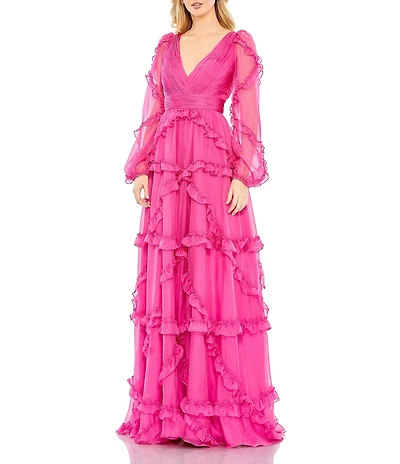 Mac Duggal V-Neck Long Puff Sleeve Ruffled Gown