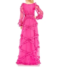 Mac Duggal V-Neck Long Puff Sleeve Ruffled Gown