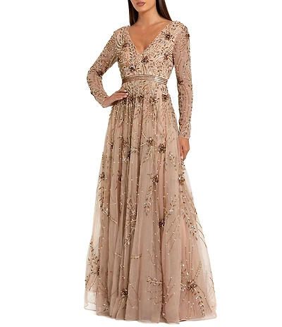 Mac Duggal V Neck Long Sleeve Beaded Mesh A-Line Gown