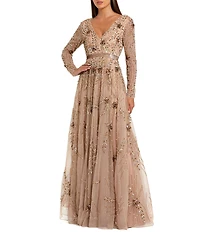 Mac Duggal V Neck Long Sleeve Beaded Mesh A-Line Gown