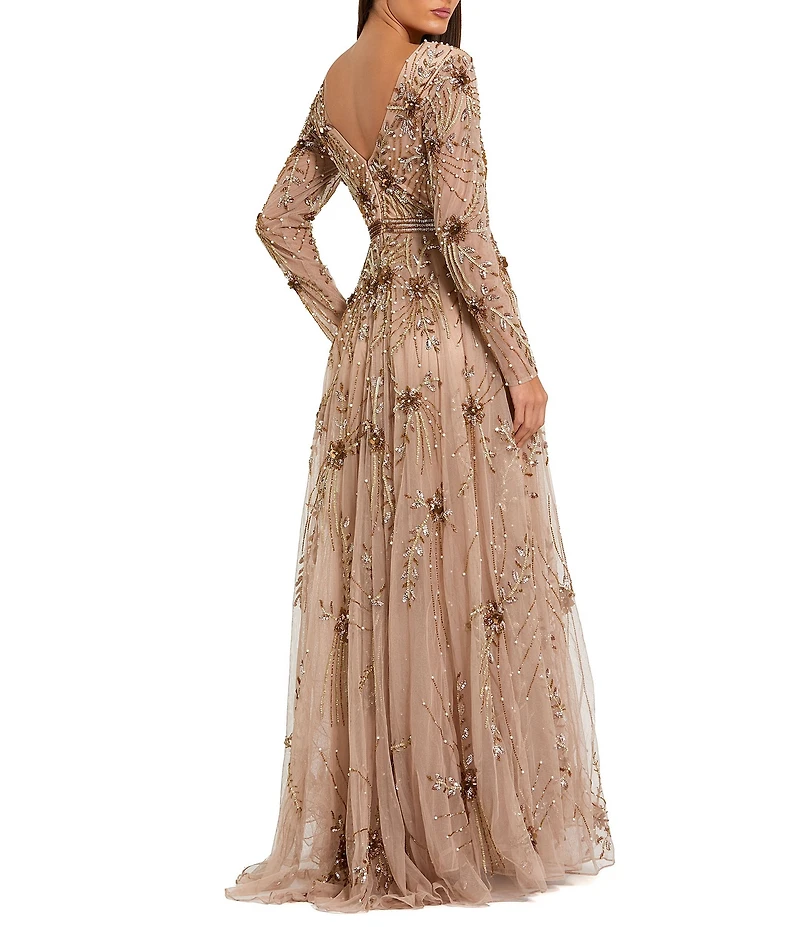Mac Duggal V Neck Long Sleeve Beaded Mesh A-Line Gown